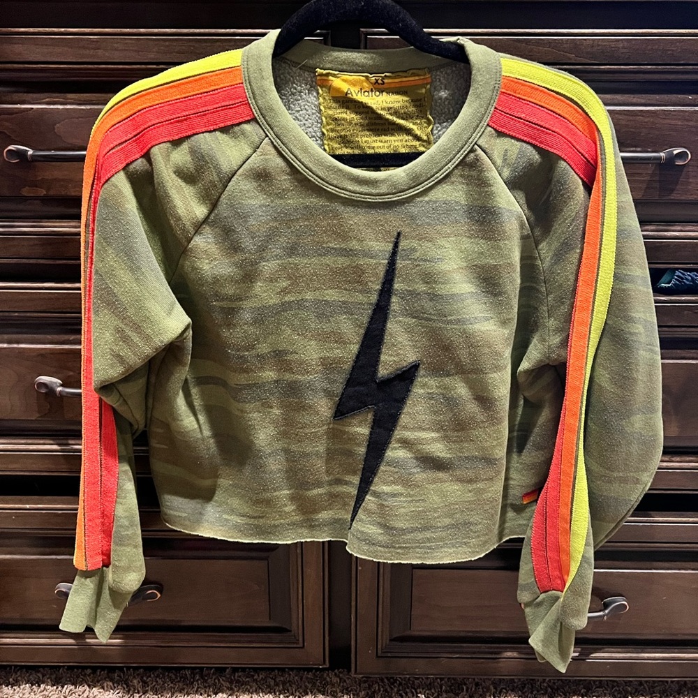 Women’s Aviator Nation cropped camo sweatshirt.